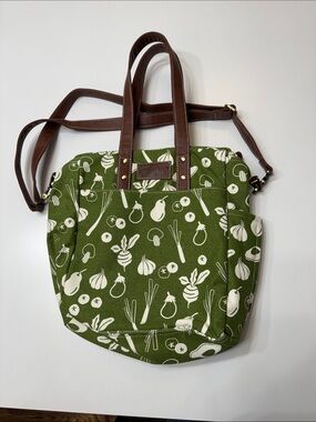 Maika Green Vegetable-Print Canvas Tote with Brown Handles